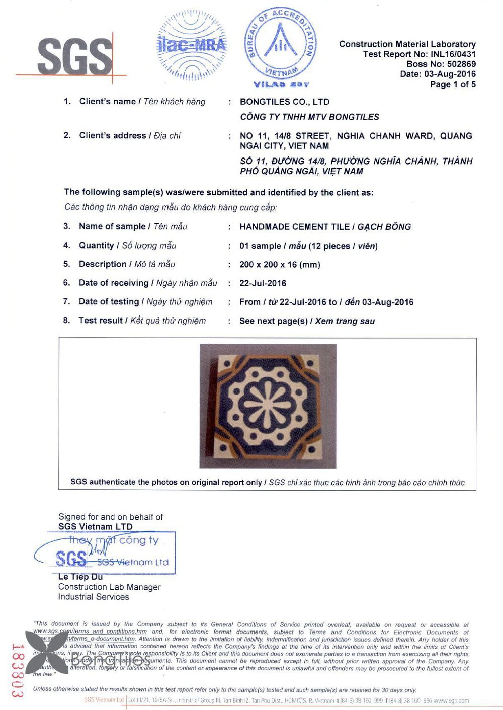 BongTiles test report page 1